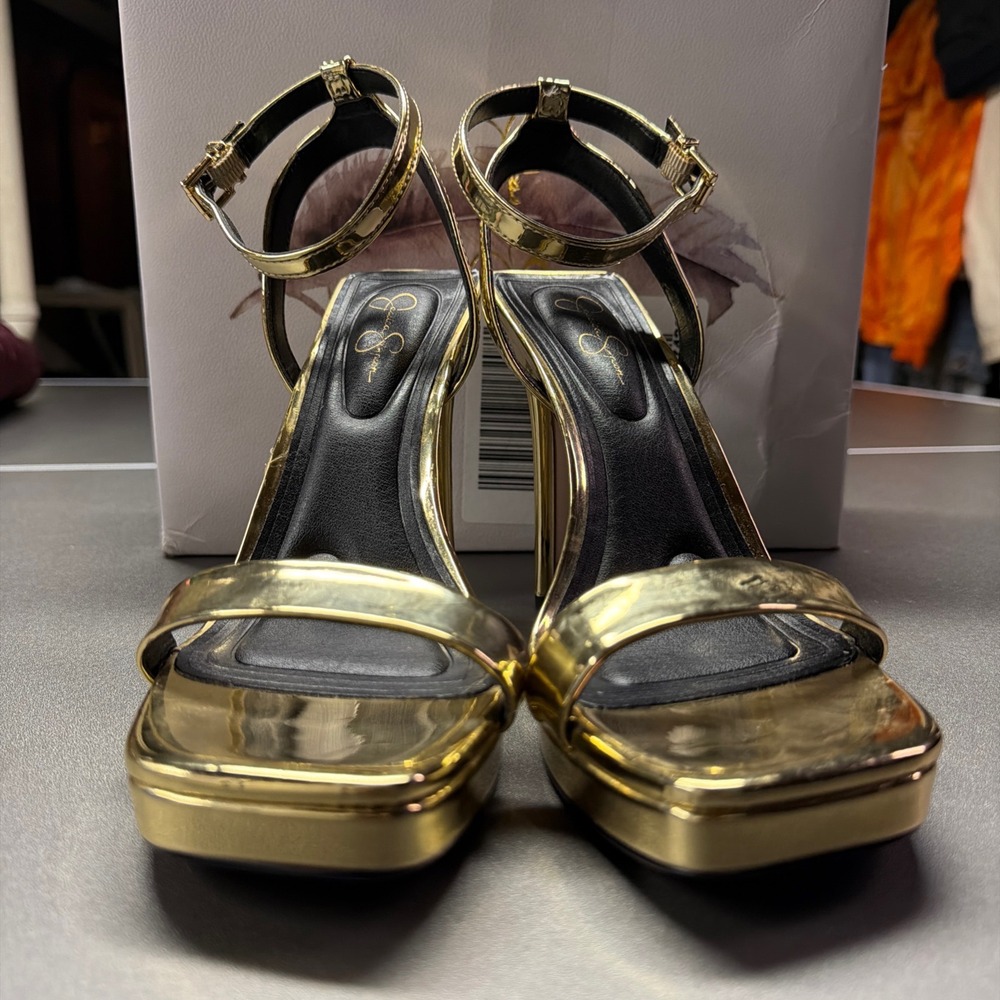 Jessica Simpson Adonia Gold Mirror Metallic Blade Heel Platform Sandals ADONIA - Picture 2 of 8